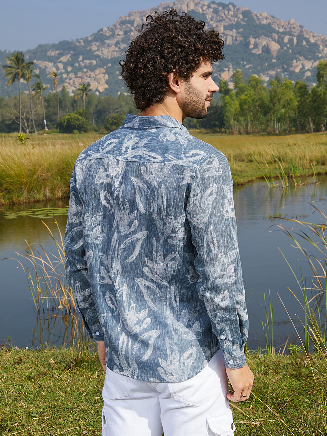 Men Steel Blue Stroked-Petals Shirt