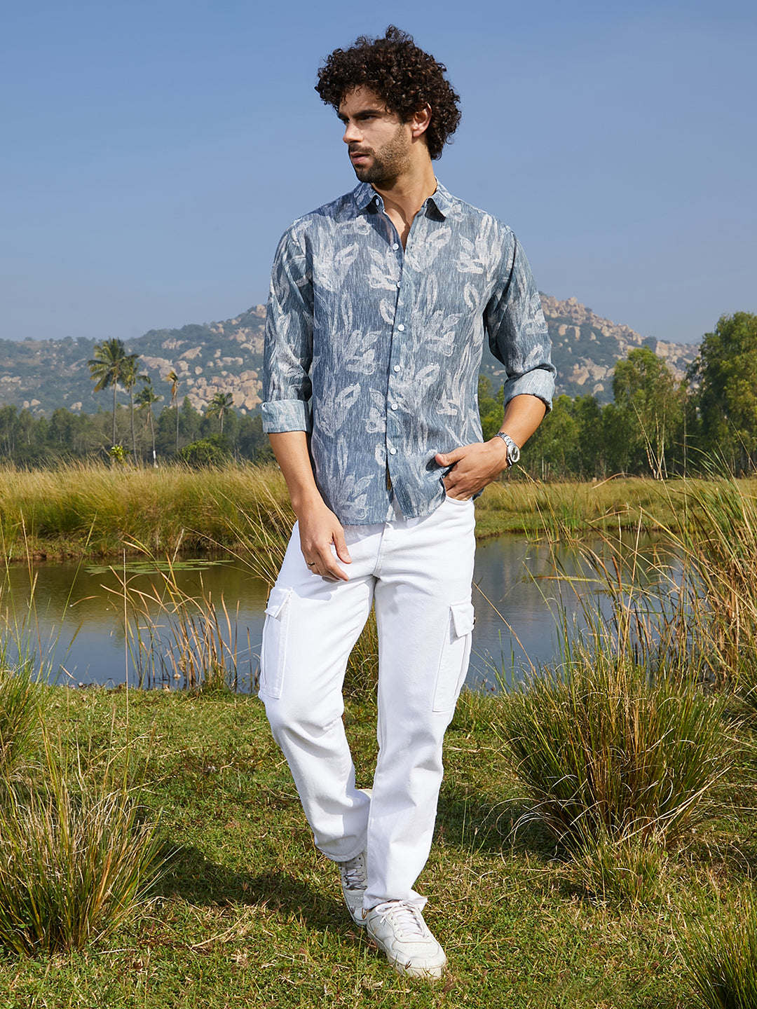 Men Steel Blue Stroked-Petals Shirt
