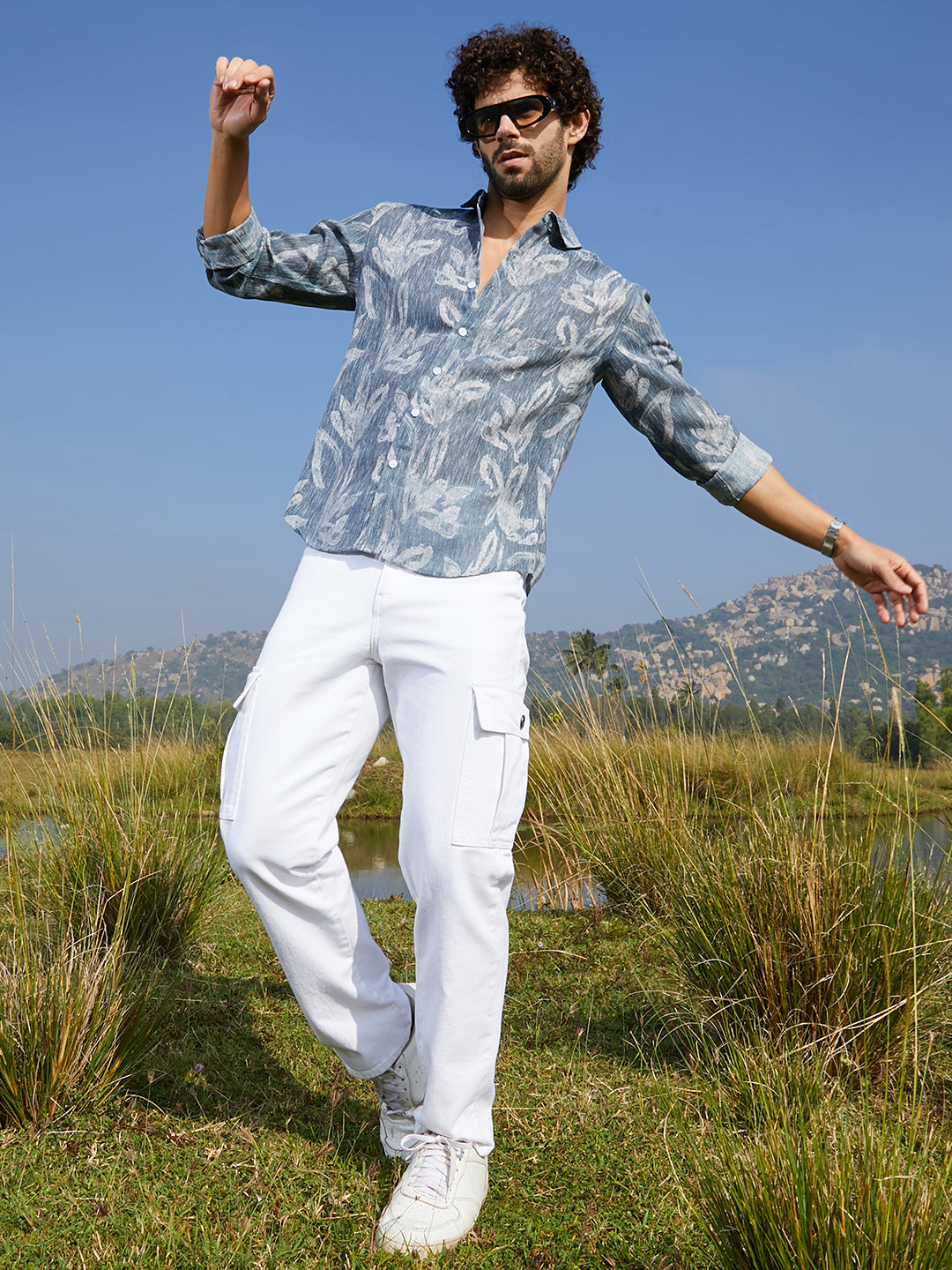 Men Steel Blue Stroked-Petals Shirt