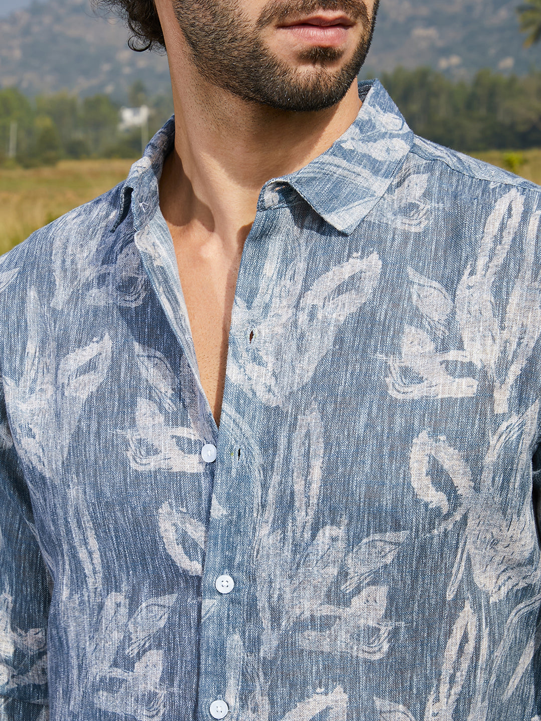 Men Steel Blue Stroked-Petals Shirt