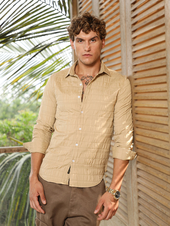 Men Sand Beige Grid-Tactile Shirt