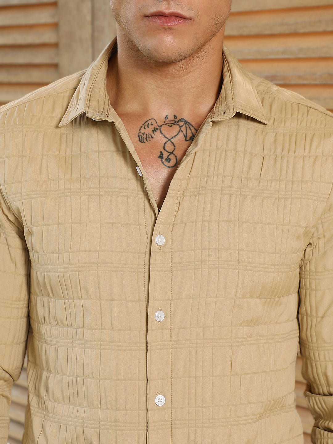 Men Sand Beige Grid-Tactile Shirt