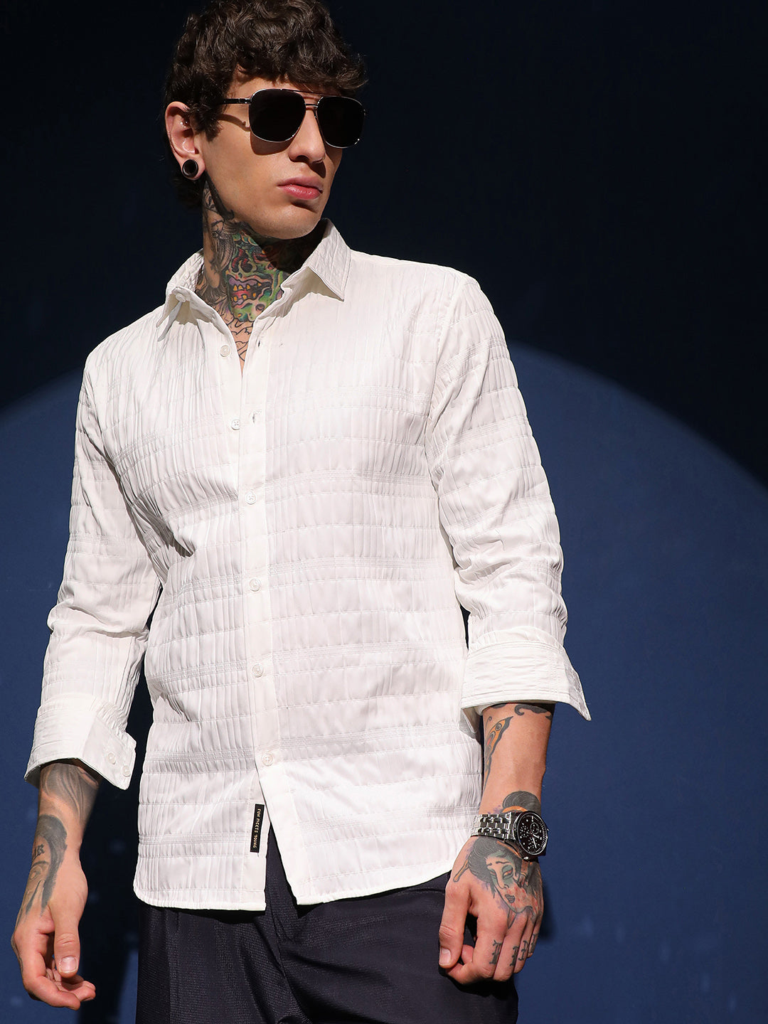 Men Cream White Grid-Tactile Shirt