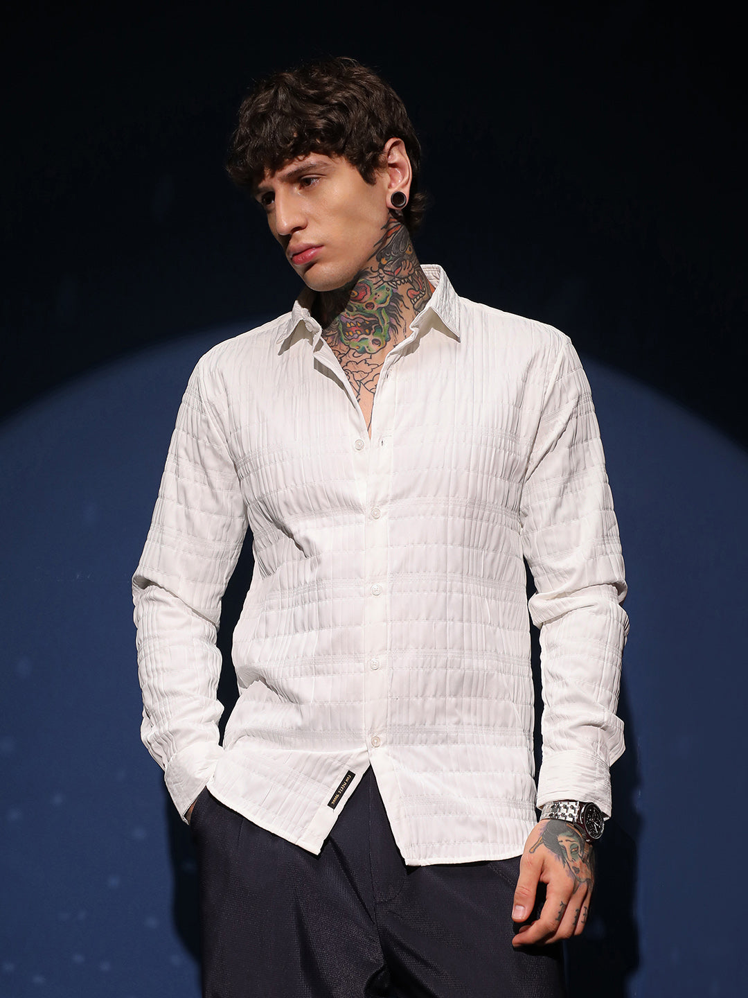 Men Cream White Grid-Tactile Shirt