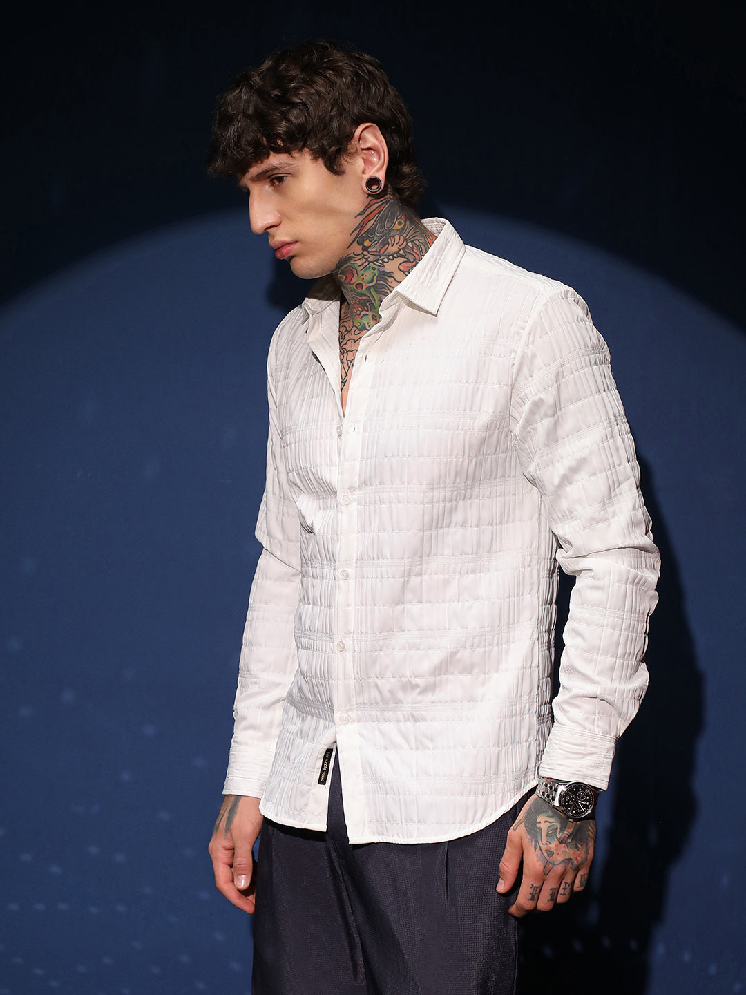 Men Cream White Grid-Tactile Shirt
