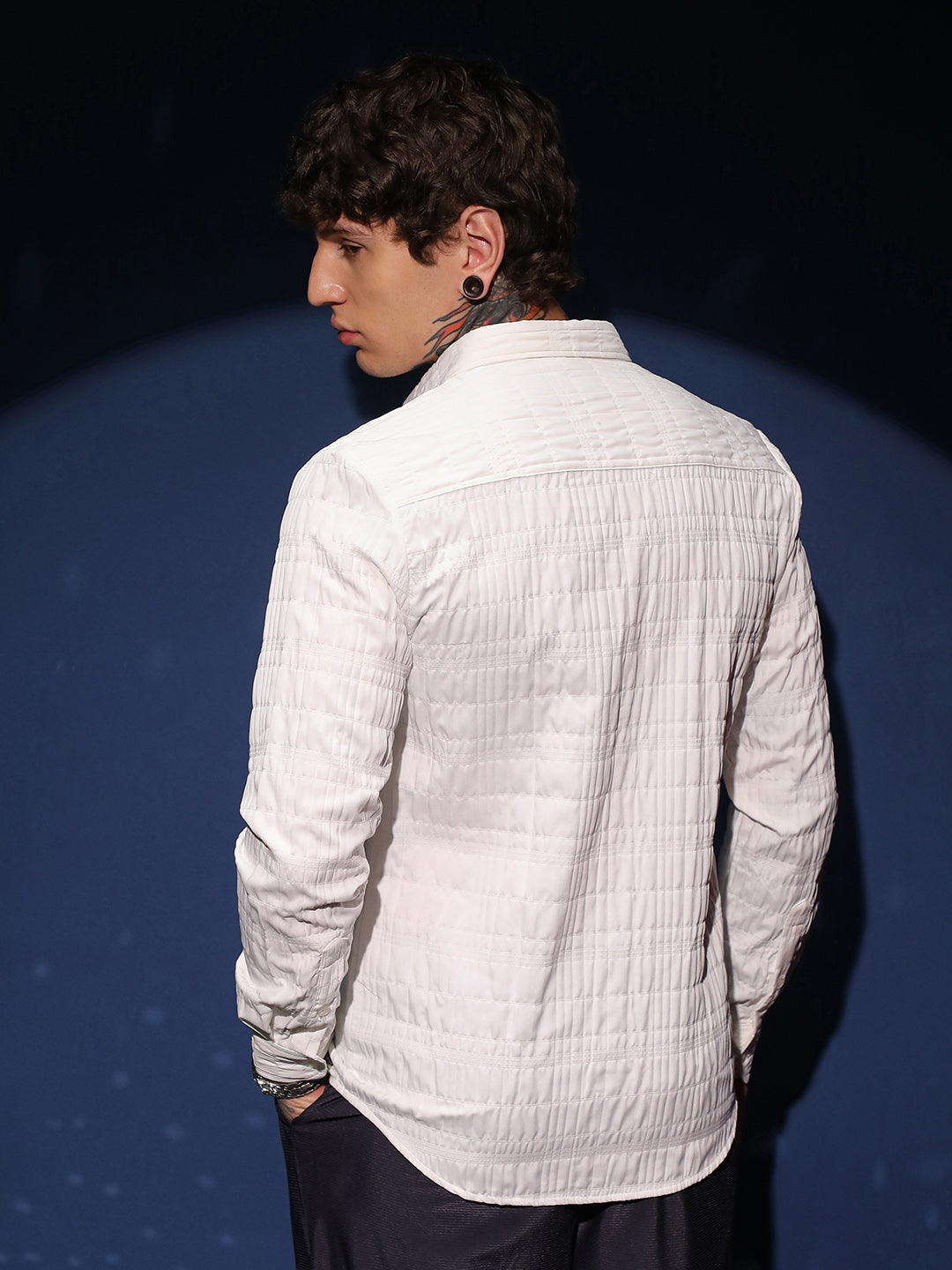 Men Cream White Grid-Tactile Shirt