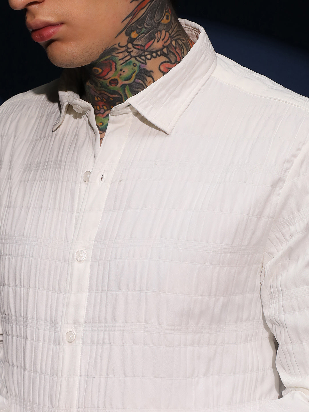 Men Cream White Grid-Tactile Shirt