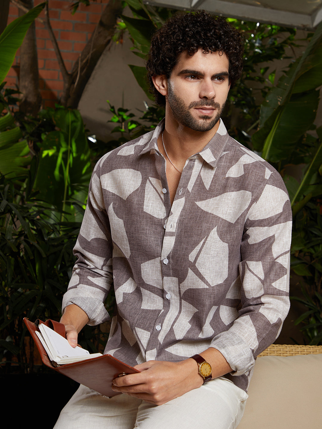 Men Ash Brown Abstract Heathered Shirt