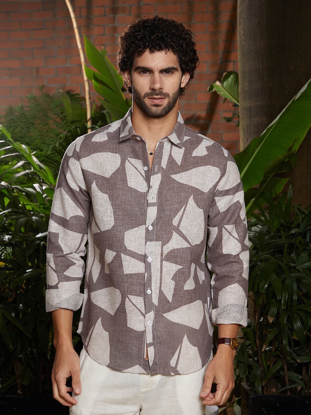 Men Ash Brown Abstract Heathered Shirt