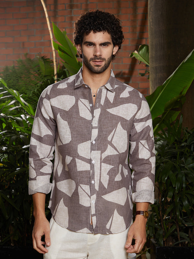 Men Ash Brown Abstract Heathered Shirt