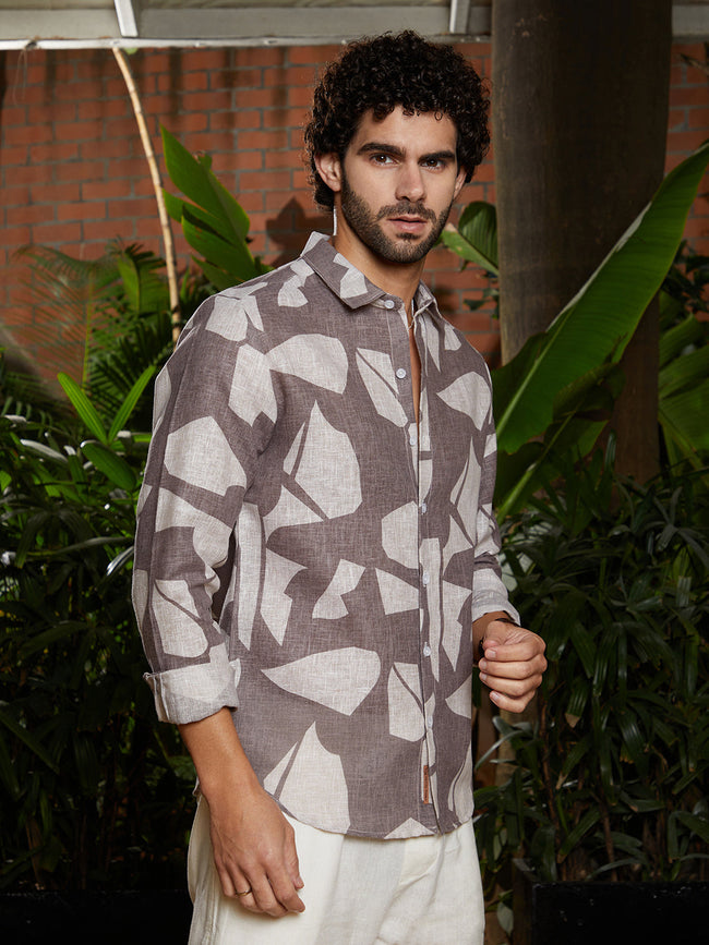 Men Ash Brown Abstract Heathered Shirt