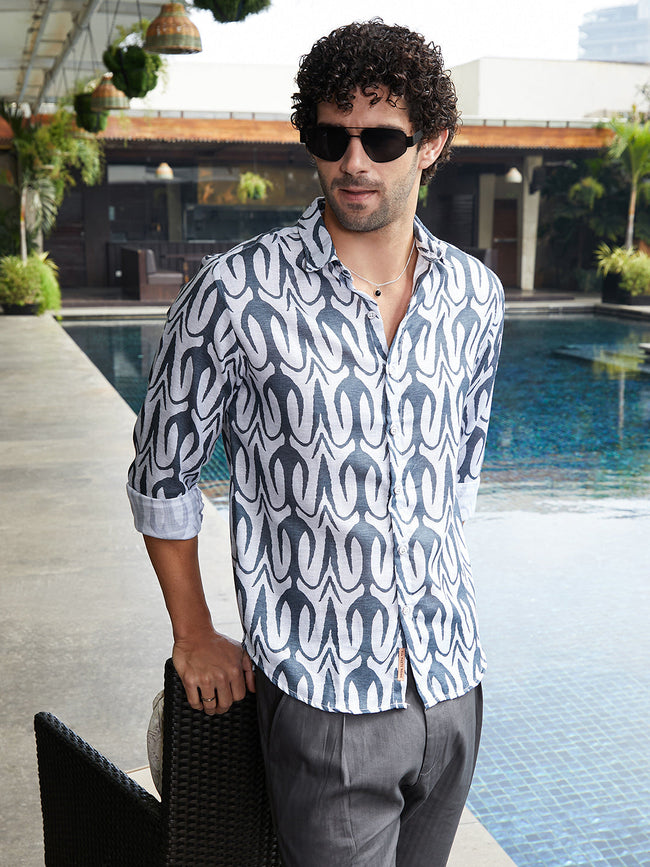 Men Prussian Blue Trident Imprint Shirt