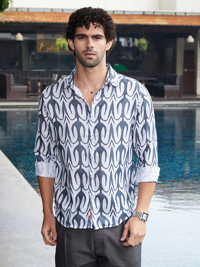 Men Prussian Blue Trident Imprint Shirt
