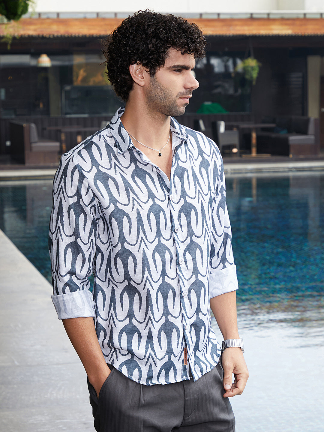 Men Prussian Blue Trident Imprint Shirt
