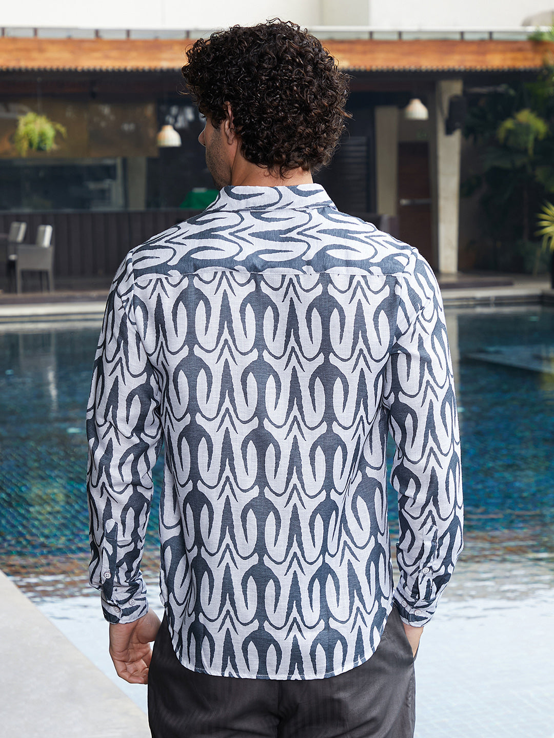 Men Prussian Blue Trident Imprint Shirt