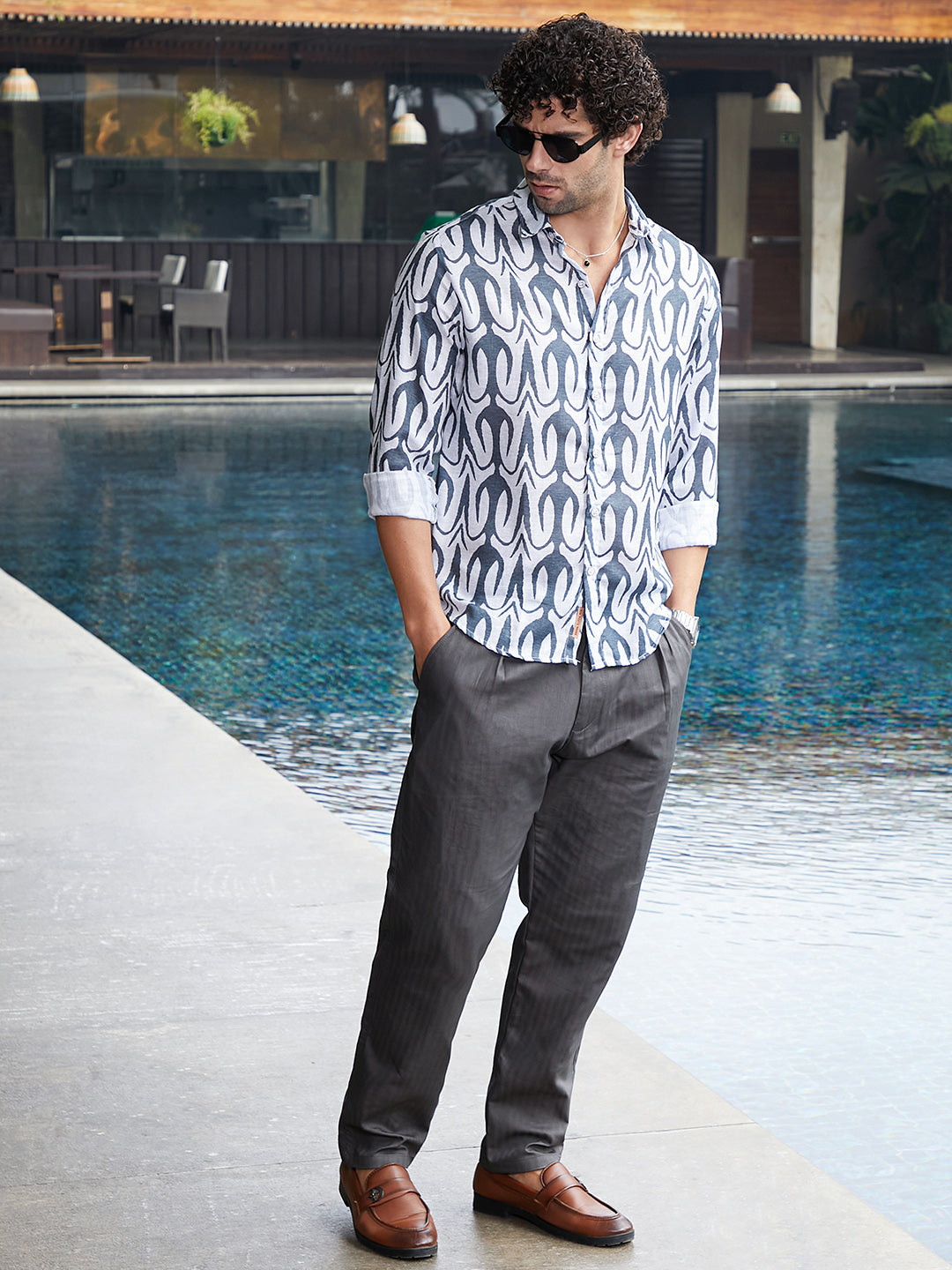 Men Prussian Blue Trident Imprint Shirt