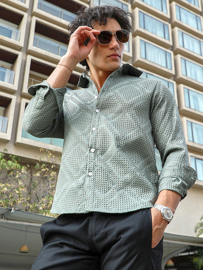 Men Sage Green Shard-Tactile Shirt