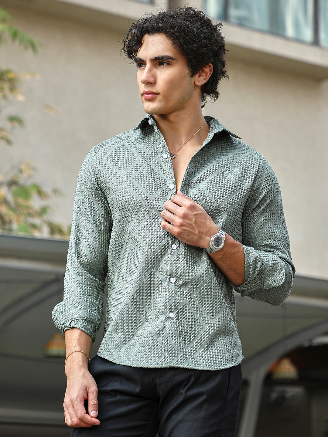 Men Sage Green Shard-Tactile Shirt