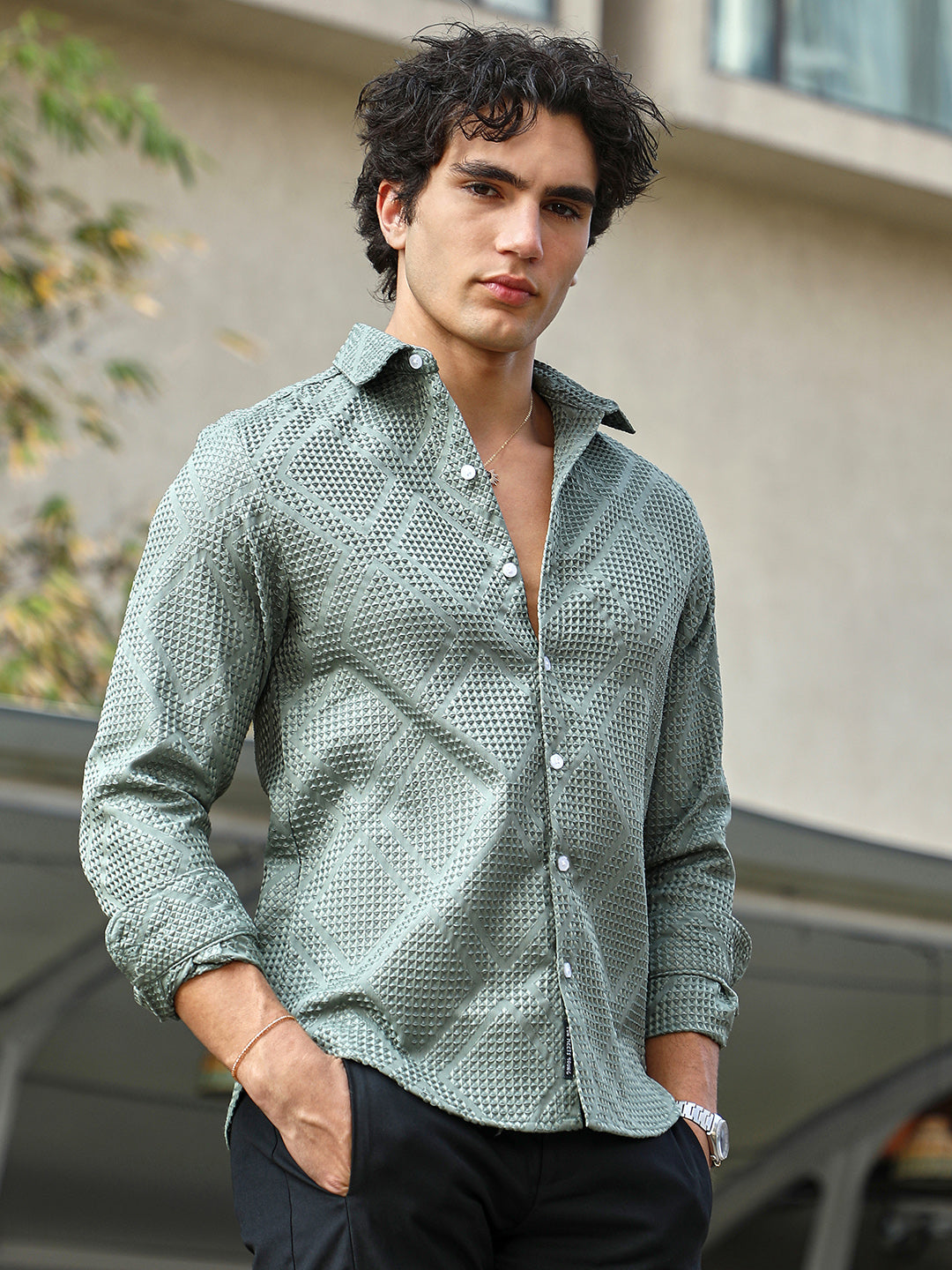 Men Sage Green Shard-Tactile Shirt