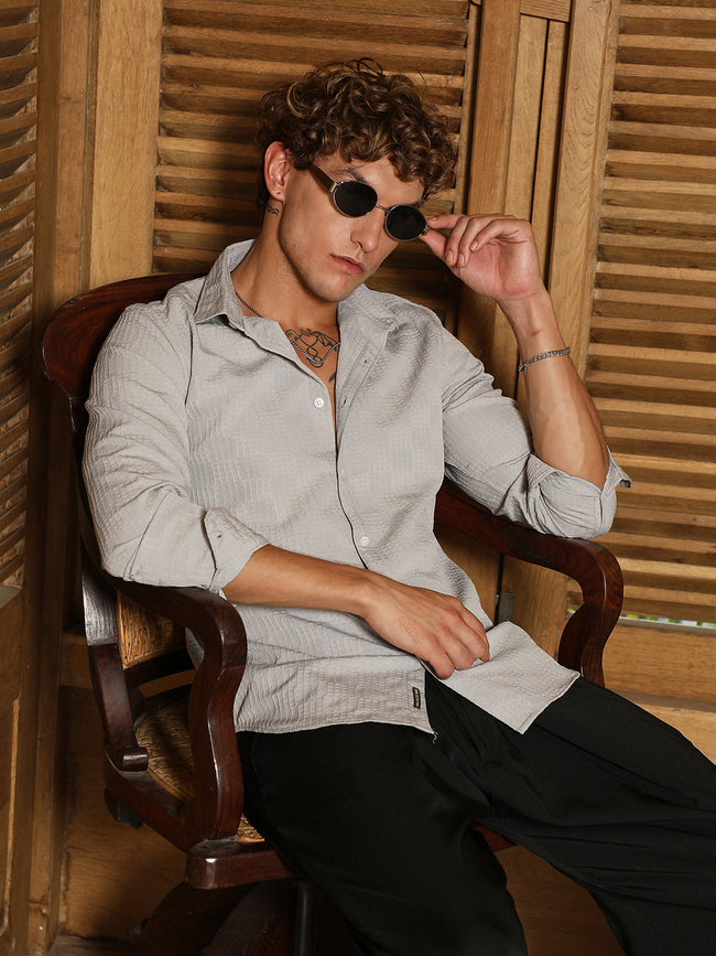 Men Cloud Grey Grid-Check Tactile Shirt