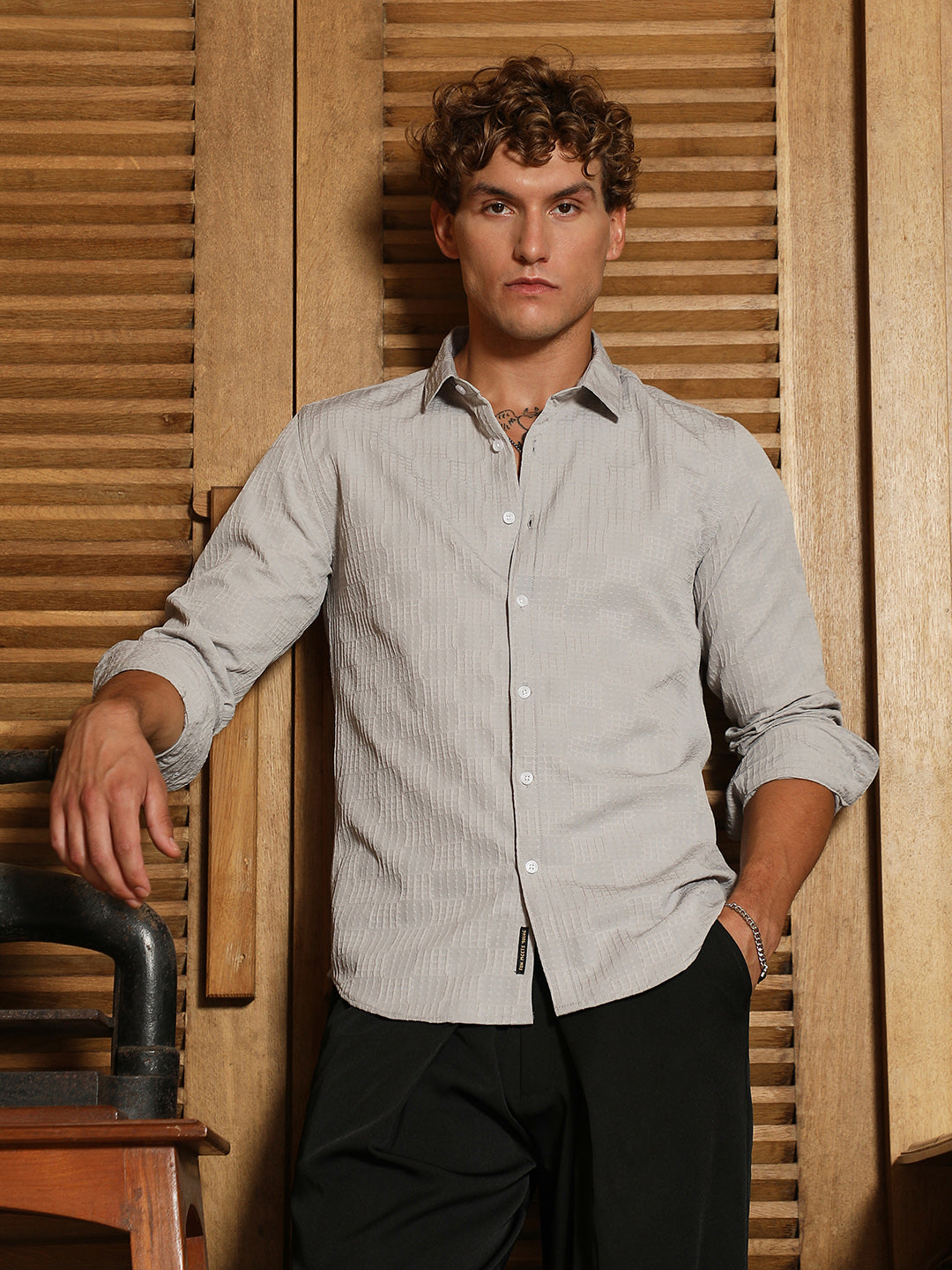 Men Cloud Grey Grid-Check Tactile Shirt