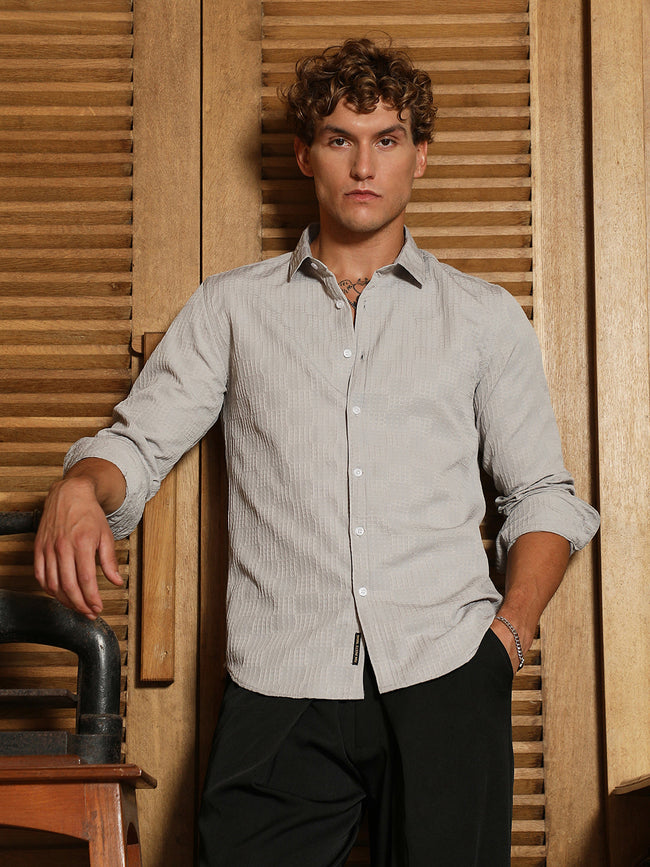 Men Cloud Grey Grid-Check Tactile Shirt