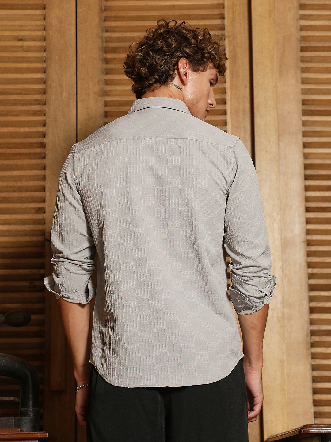 Men Cloud Grey Grid-Check Tactile Shirt