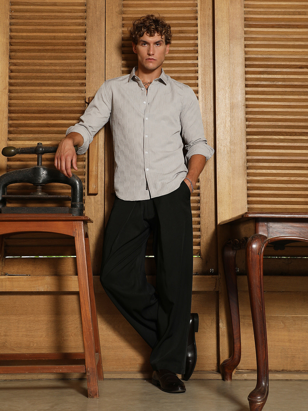 Men Cloud Grey Grid-Check Tactile Shirt