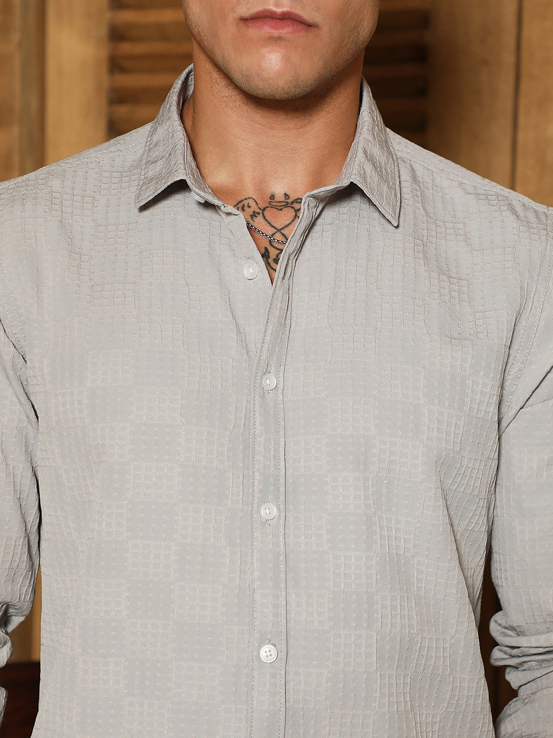 Men Cloud Grey Grid-Check Tactile Shirt