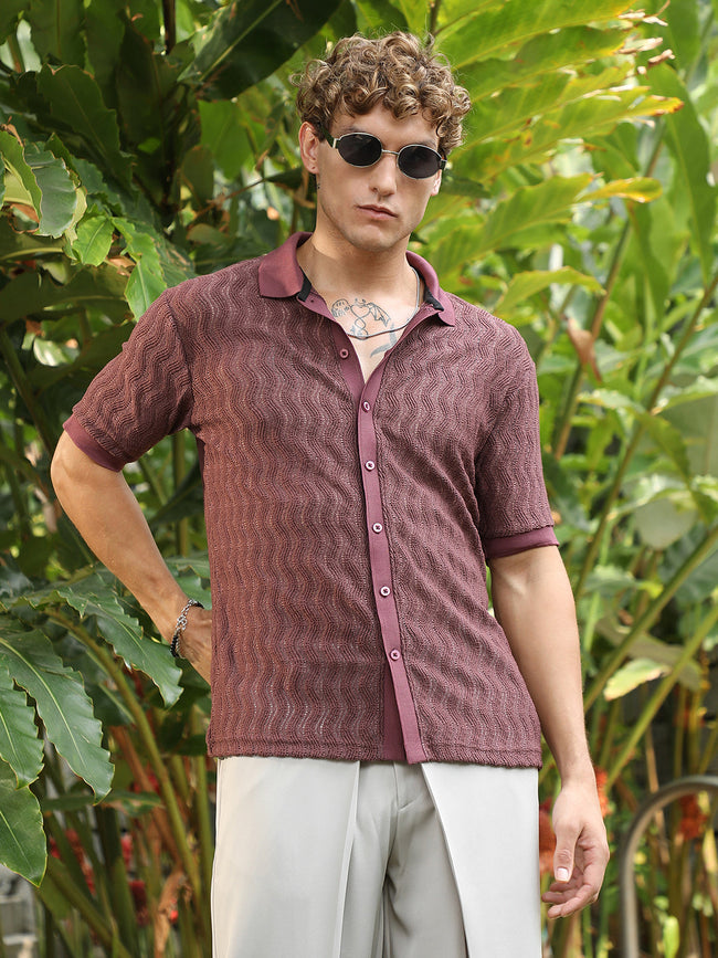 Men Burgundy Textured Cuban Collar Shirt