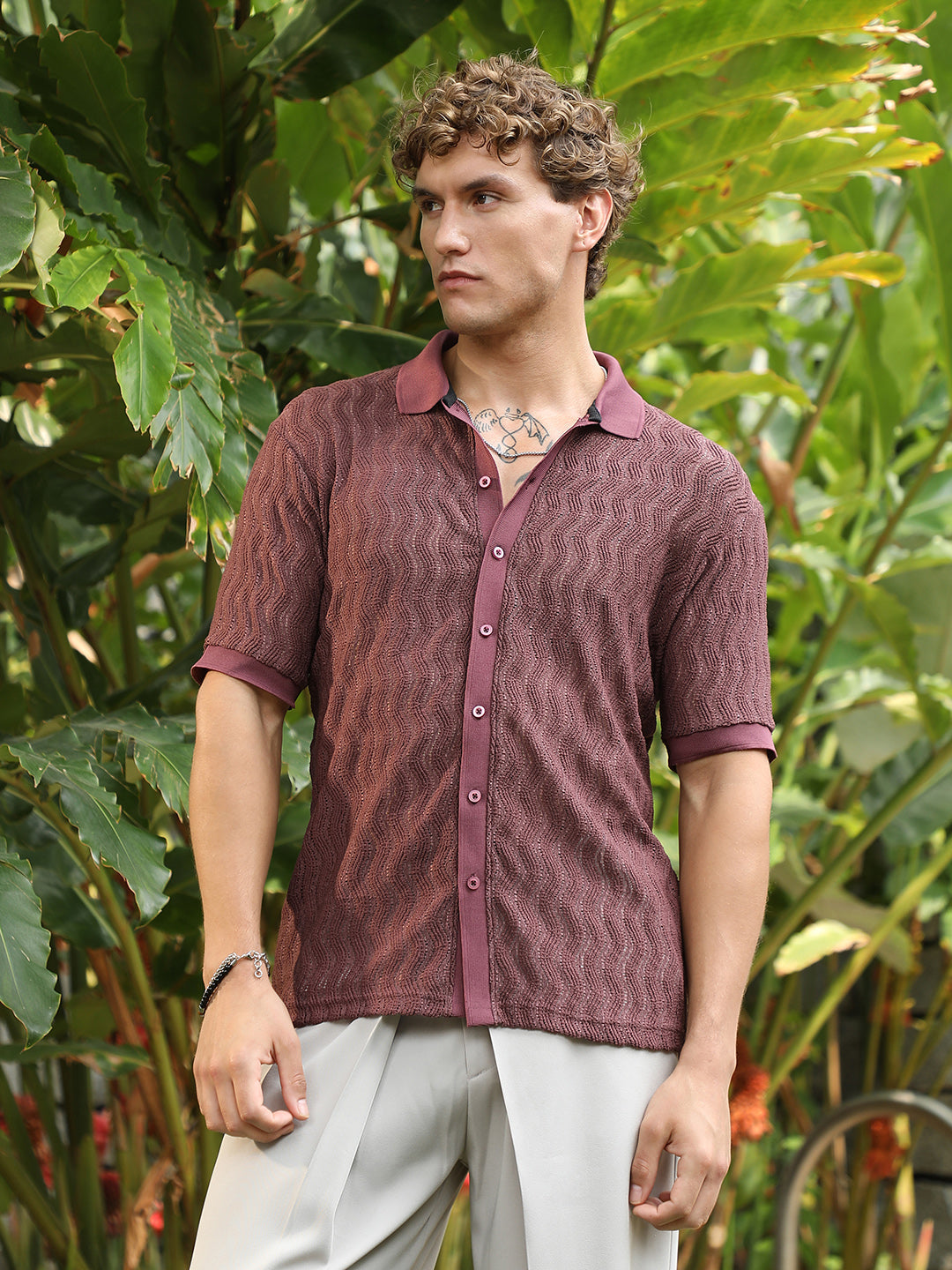 Men Burgundy Textured Cuban Collar Shirt