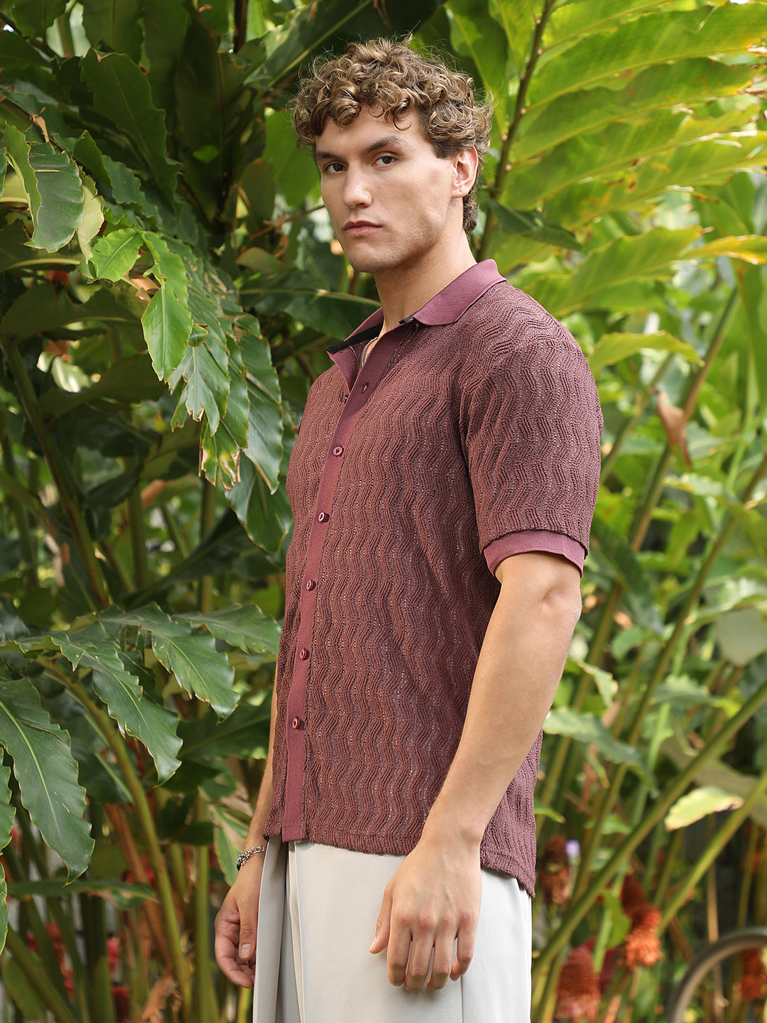 Men Burgundy Textured Cuban Collar Shirt