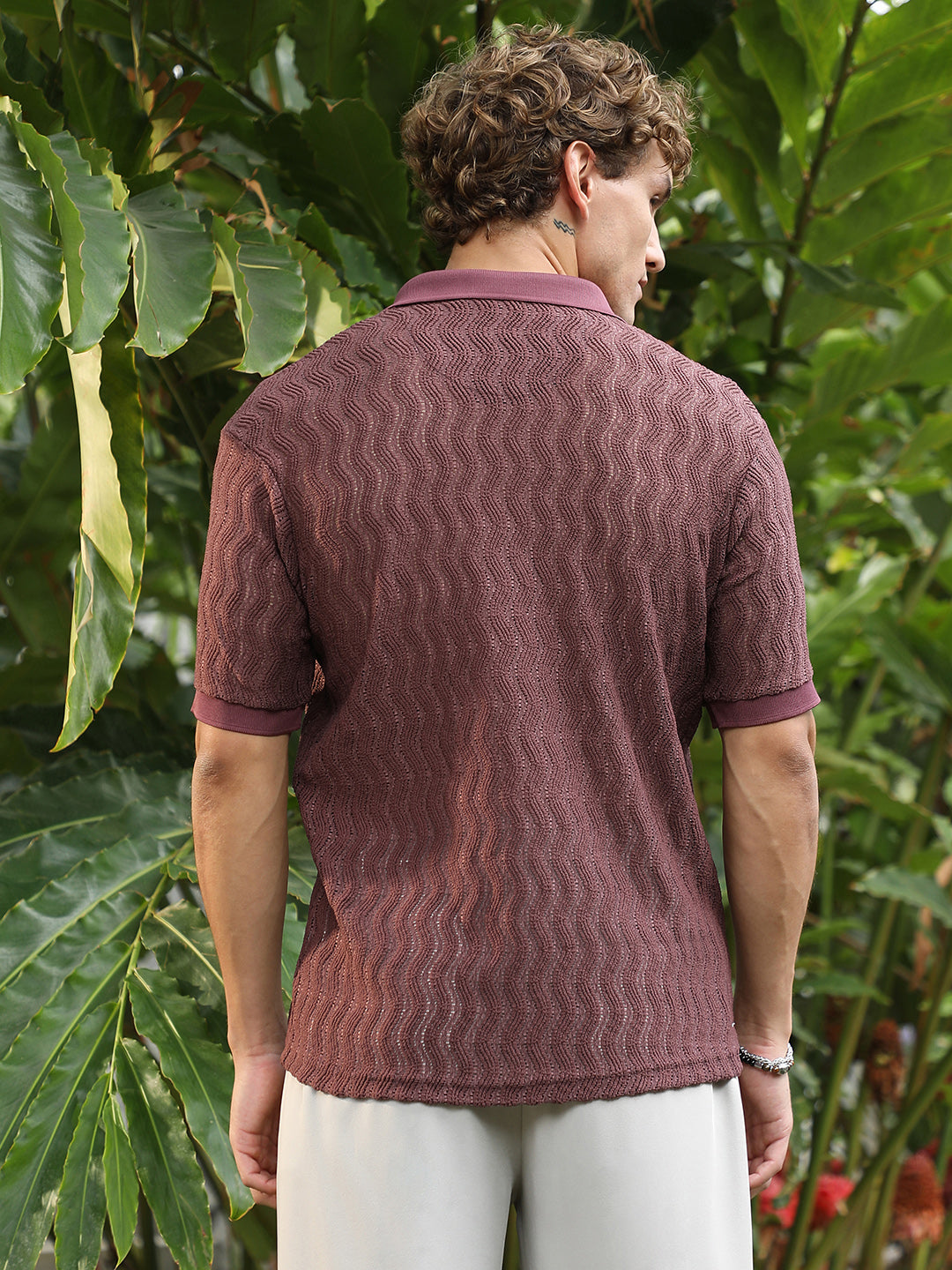 Men Burgundy Textured Cuban Collar Shirt