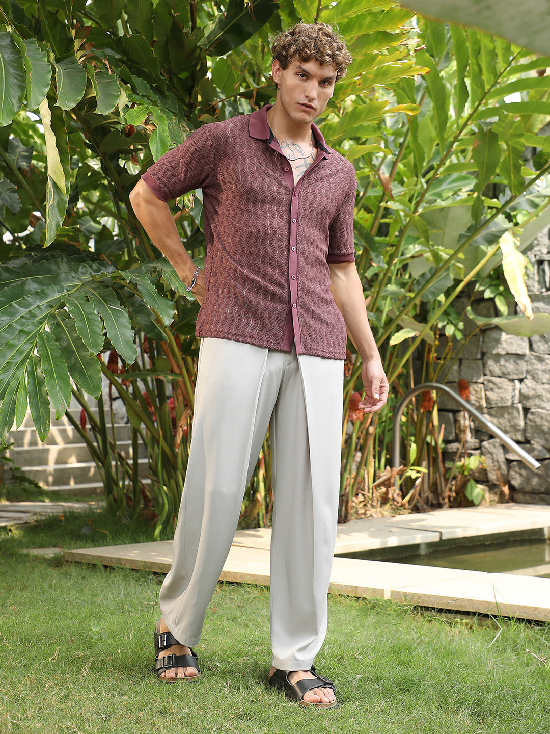 Men Burgundy Textured Cuban Collar Shirt