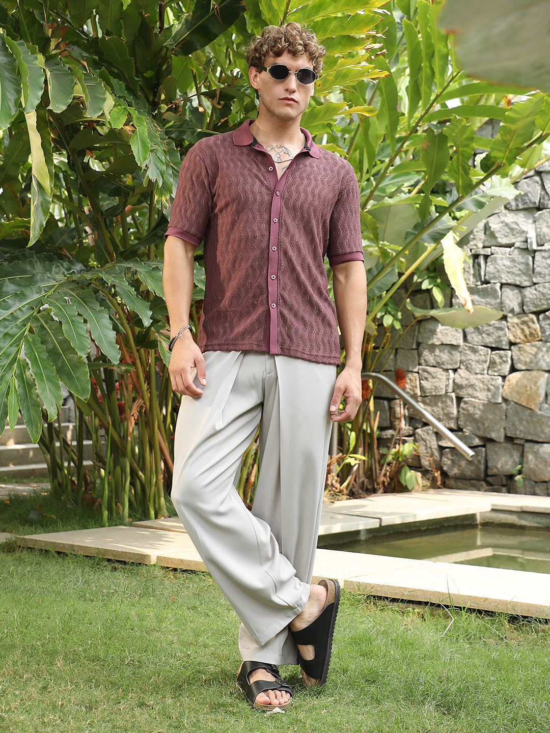 Men Burgundy Textured Cuban Collar Shirt