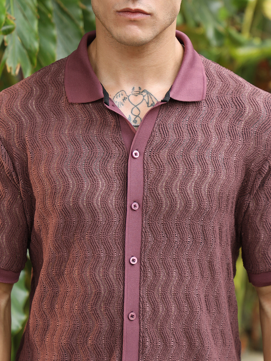 Men Burgundy Textured Cuban Collar Shirt