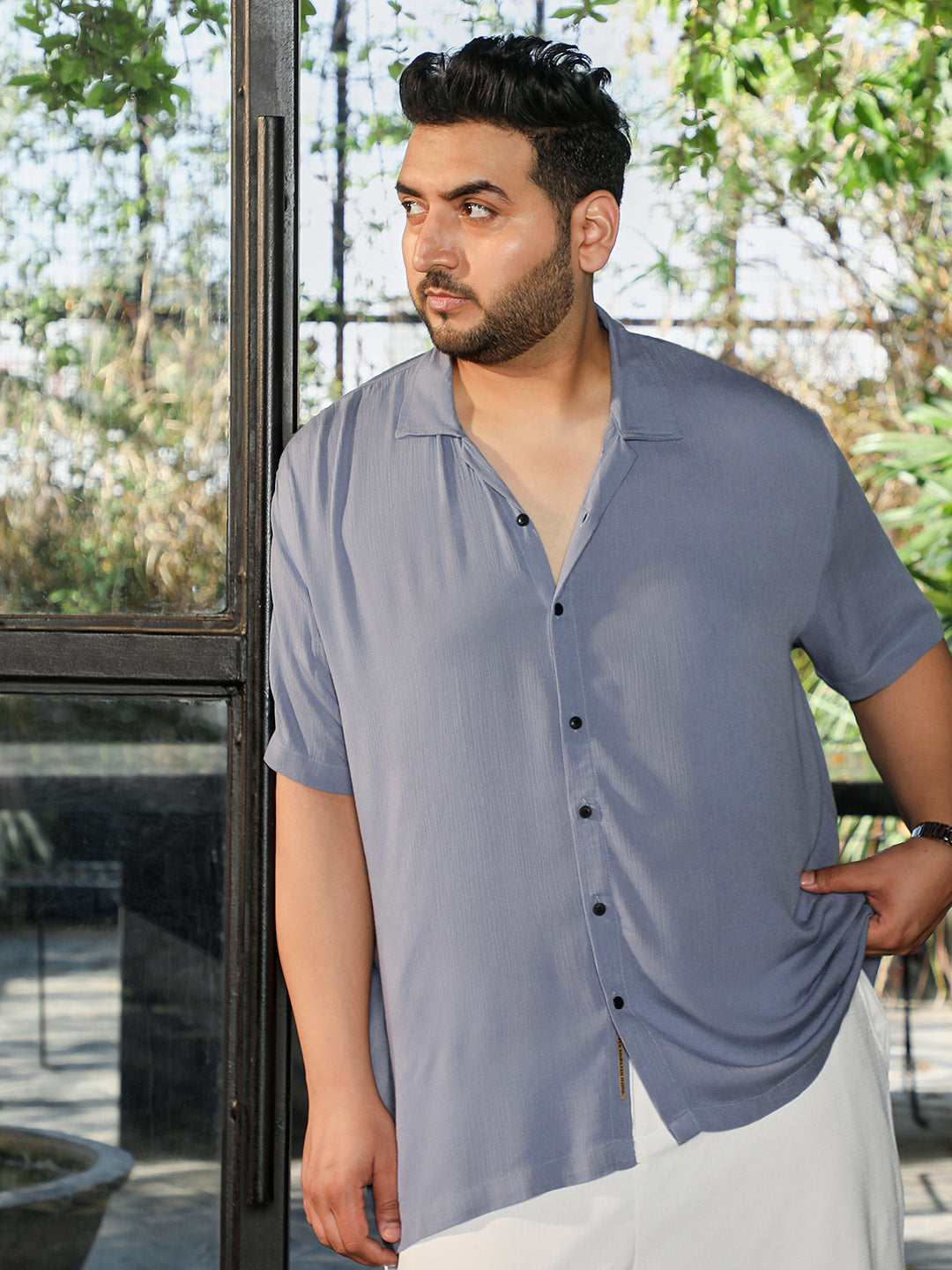 Men Light Steel Blue Textured Shirt