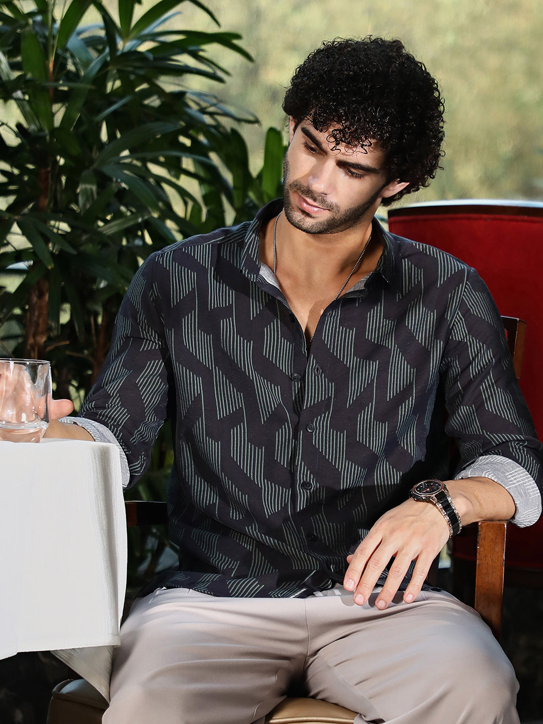 Men Prussian Blue Pinstriped-Track Regular Shirt