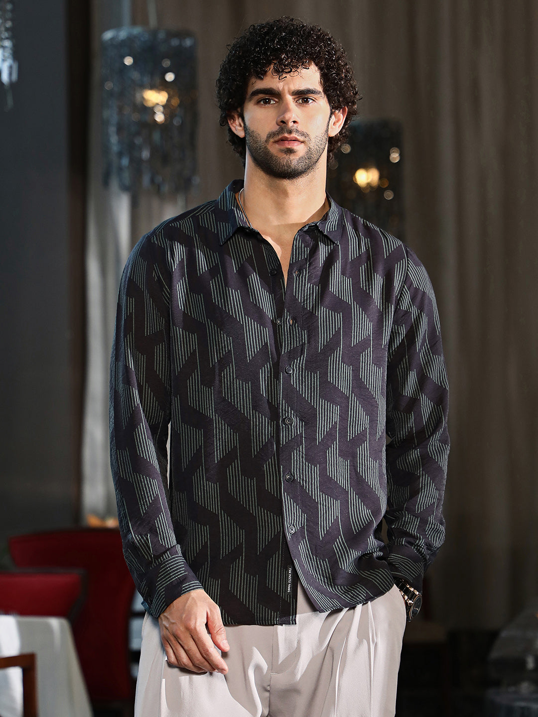 Men Prussian Blue Pinstriped-Track Regular Shirt