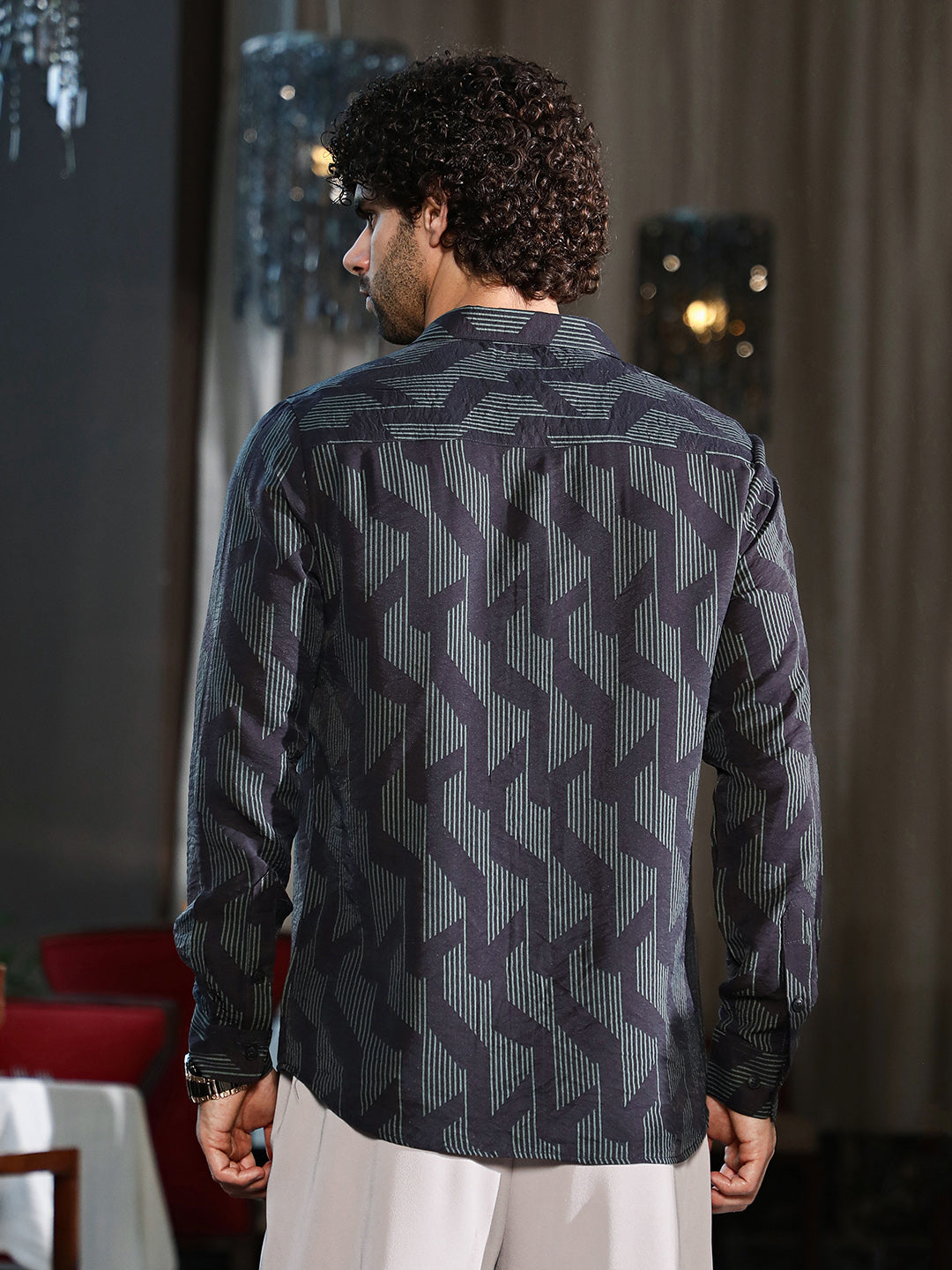Men Prussian Blue Pinstriped-Track Regular Shirt