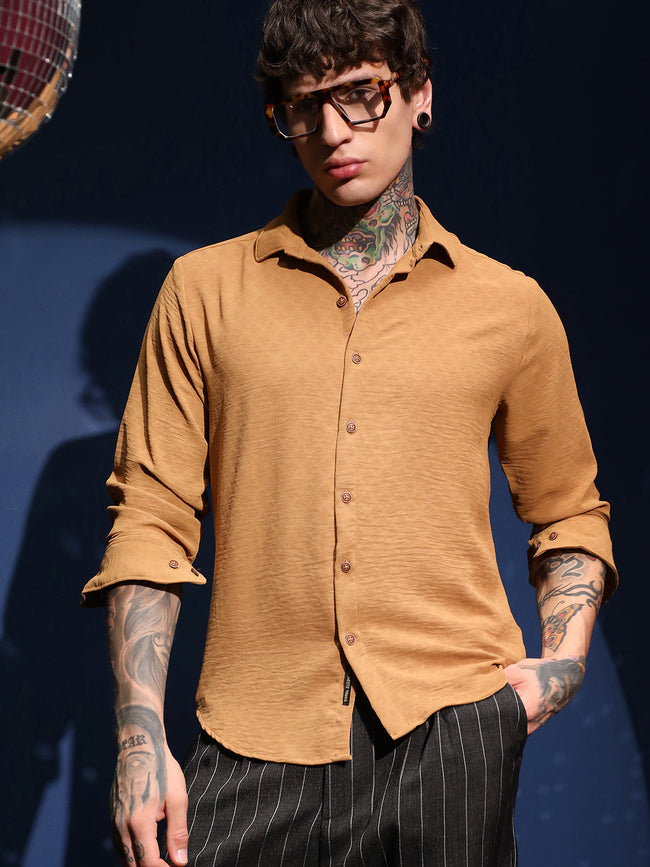 Men Sienna Brown Rhombus-Texture Shirt