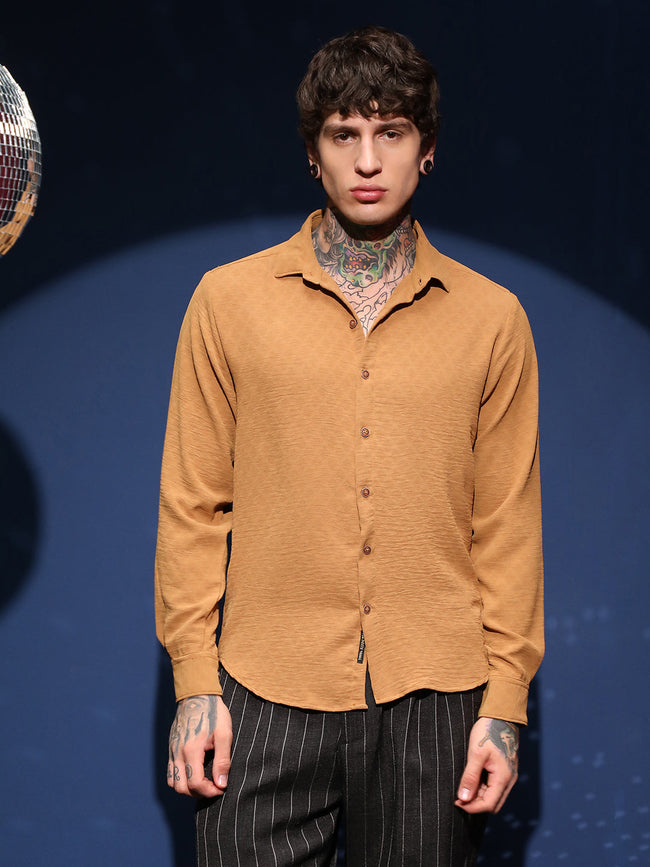 Men Sienna Brown Rhombus-Texture Shirt