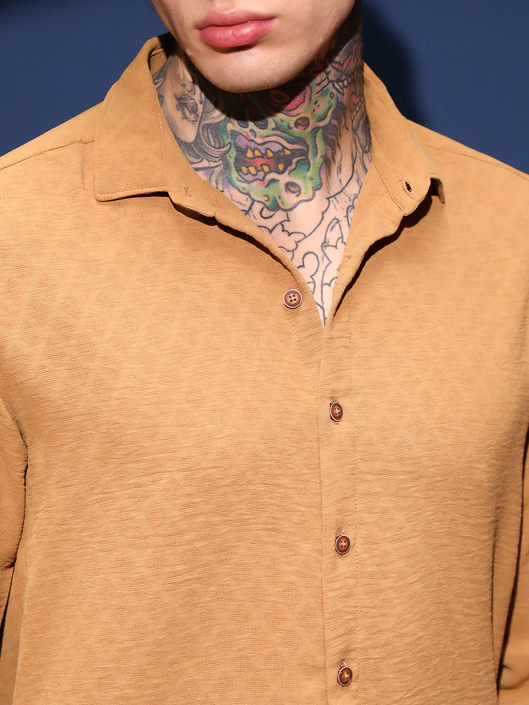 Men Sienna Brown Rhombus-Texture Shirt