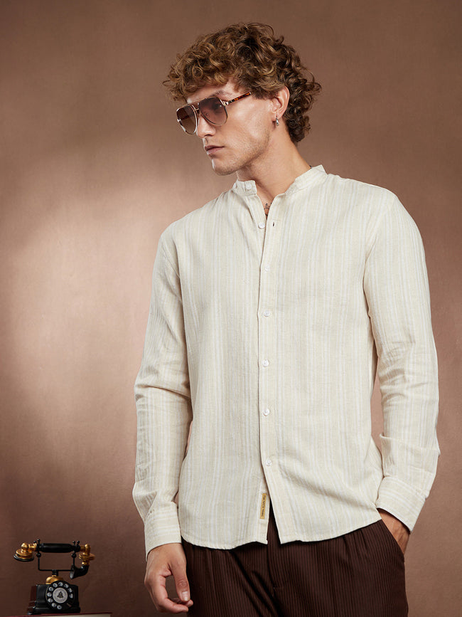 Men Cotton Blend Regular Stripes Shirt