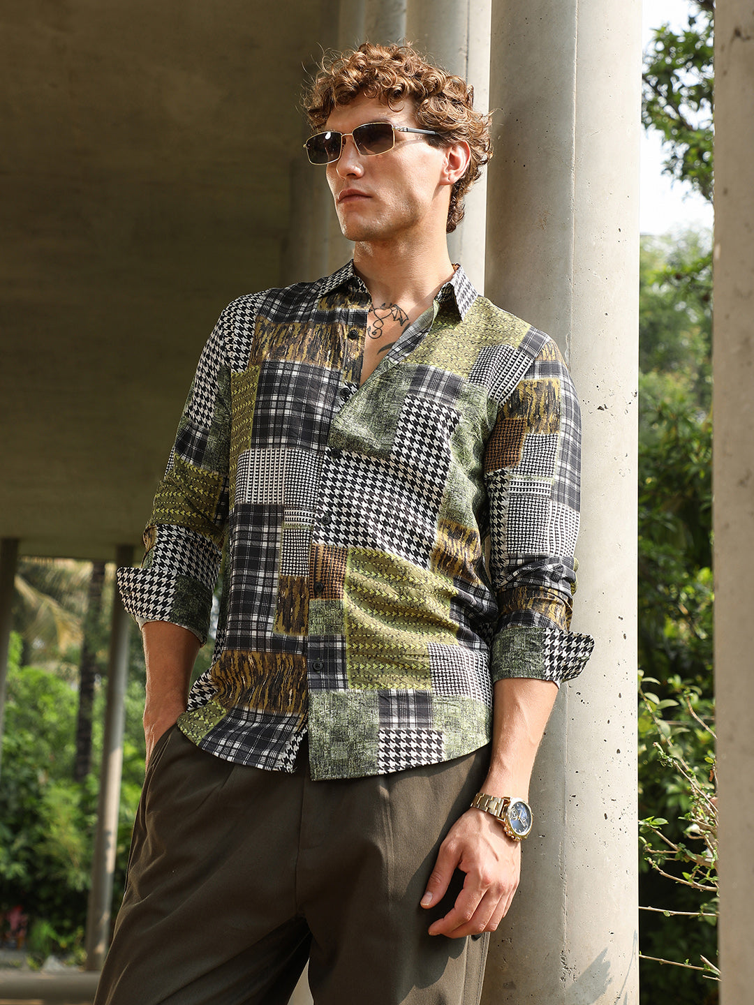 Men Olive Green Houndstooth Block Shirt