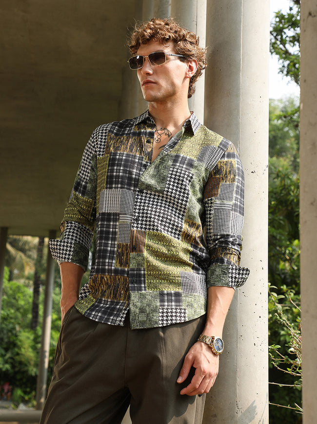 Men Olive Green Houndstooth Block Shirt