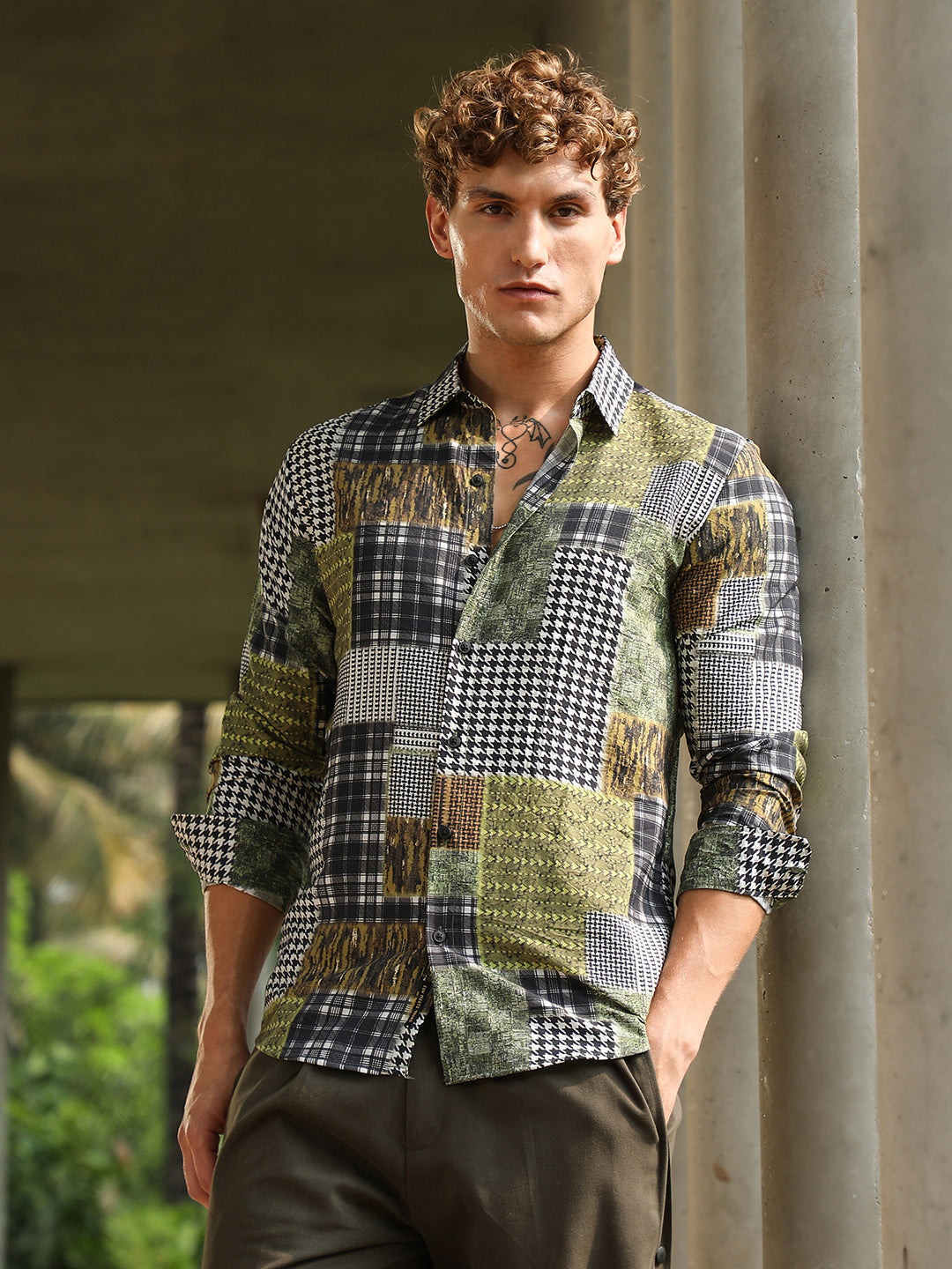 Men Olive Green Houndstooth Block Shirt