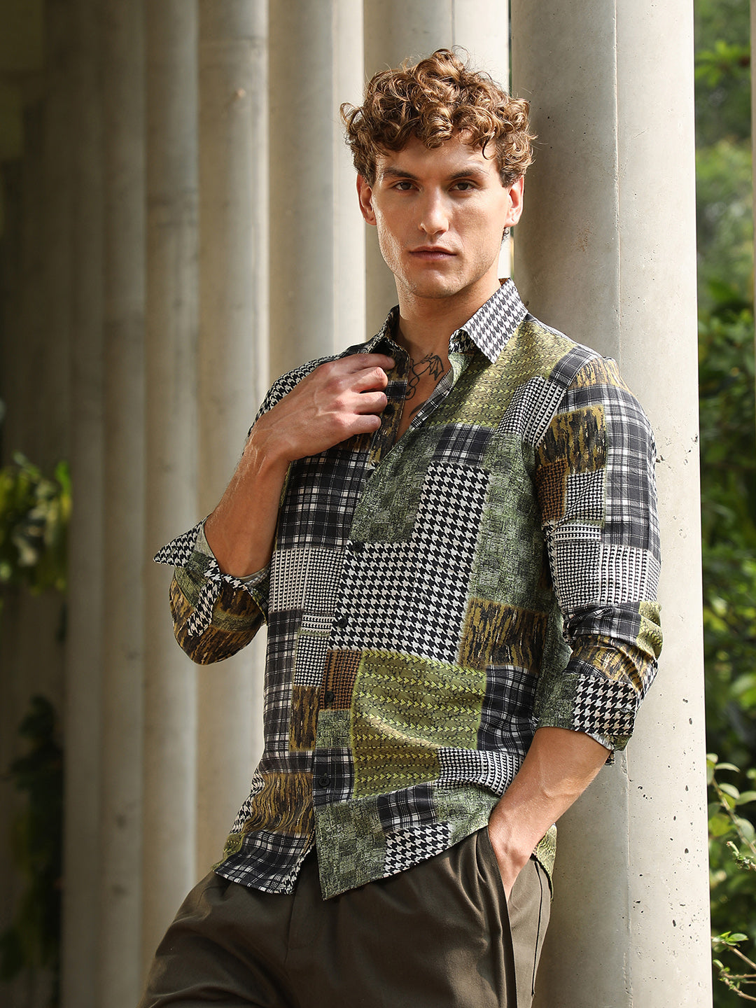 Men Olive Green Houndstooth Block Shirt