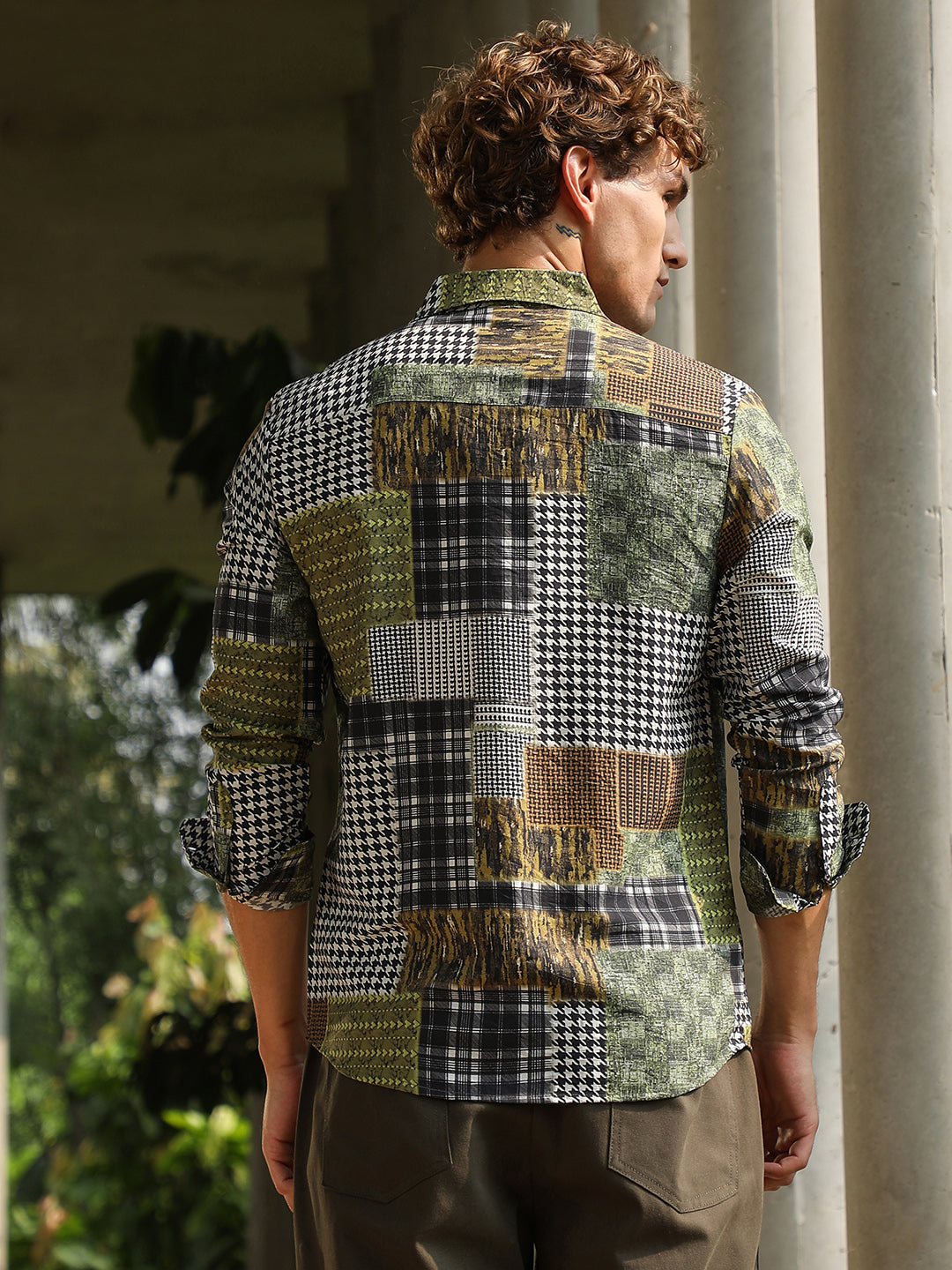 Men Olive Green Houndstooth Block Shirt