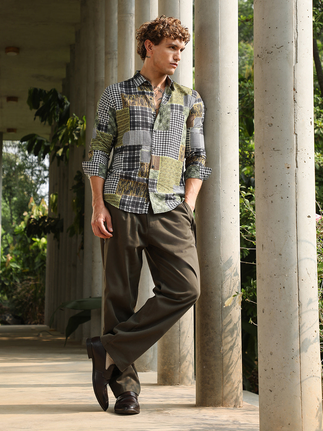Men Olive Green Houndstooth Block Shirt